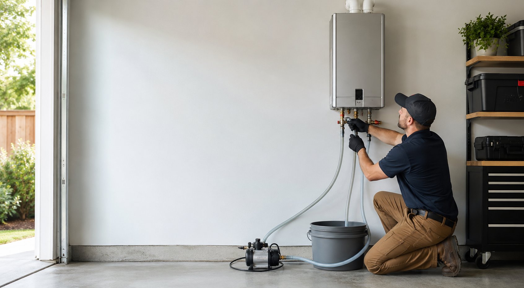 FlushPro technician performing vinegar flush on Rinnai tankless water heater